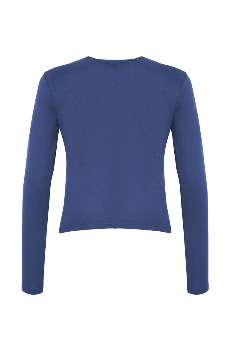 Indigo Premium Viscose Crew Neck Crop Flexible Knitted Blouse - 4