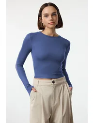 Indigo Premium Viscose Crew Neck Crop Flexible Knitted Blouse - 5