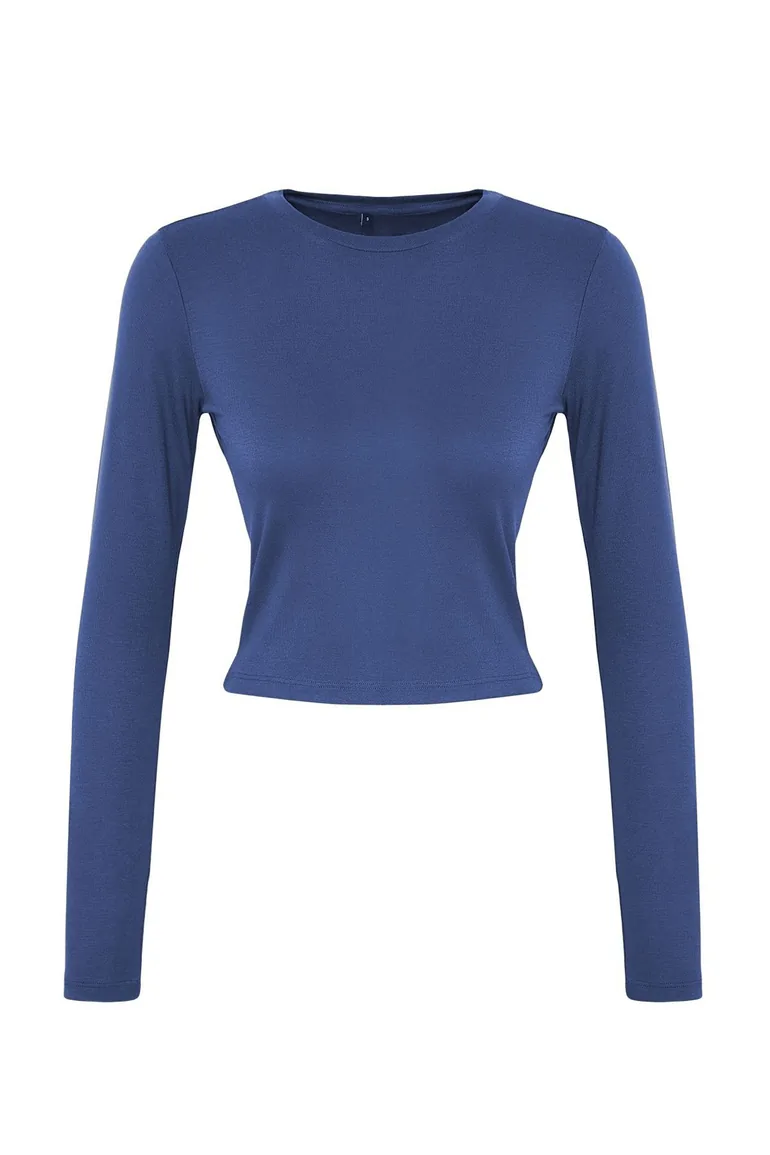 Indigo Premium Viscose Crew Neck Crop Flexible Knitted Blouse - 3