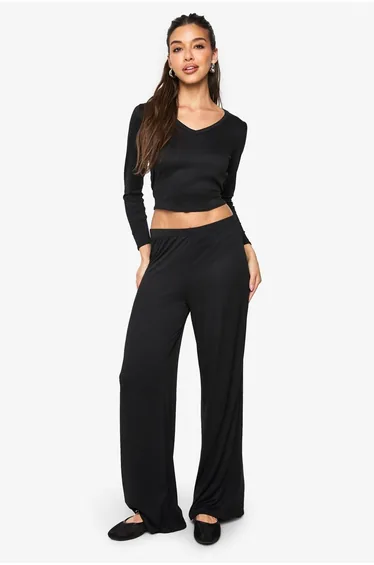 Supersoft V Neck Binding Long Sleeve Top and Wide Leg Trouser Set - black