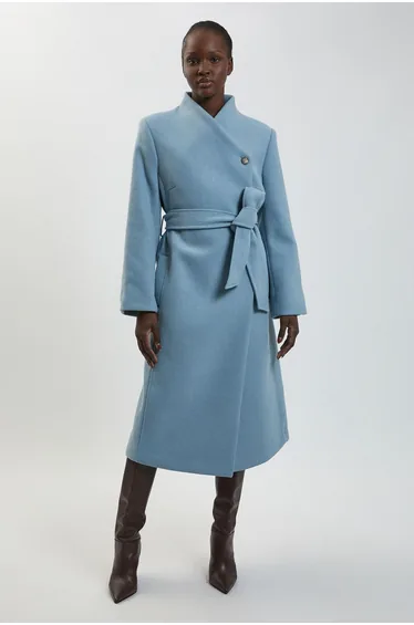 Wool Wrap Neck Tailored Belted Midi Coat