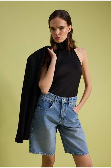 Blue High Waist Denim Bermuda