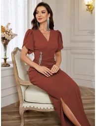 Women's Ruching Detail Puff Sleeve Embellished Waist Maxi Dress - 1