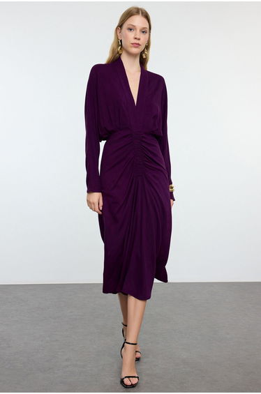 Purple Skirt Gather Detailed Woven Dress