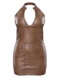 Brown Faux Leather Halterneck Low Back Bodycon Dress - 4