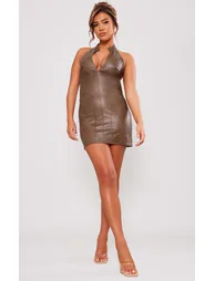 Brown Faux Leather Halterneck Low Back Bodycon Dress - 2
