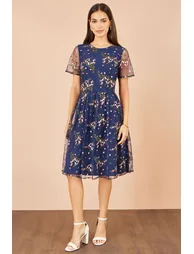 Yumi Navy Embroidered Floral Mesh Prom Dress - 3
