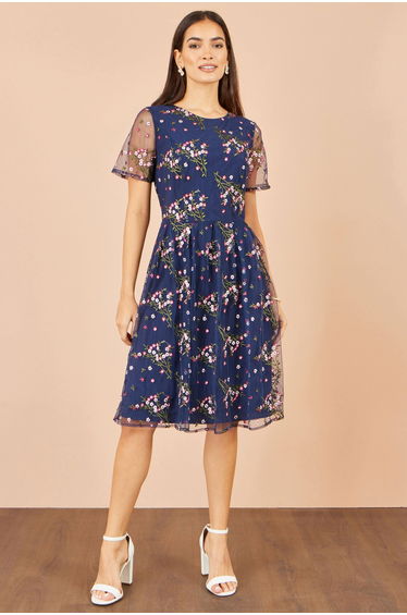Yumi Navy Embroidered Floral Mesh Prom Dress