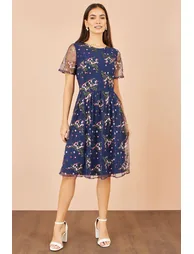 Yumi Navy Embroidered Floral Mesh Prom Dress