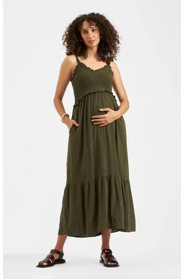 Brandi Shirred Maternity Dress (Khaki)