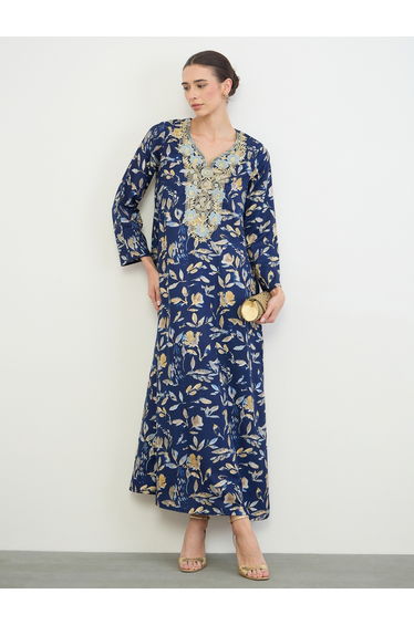 Navy Blue All Over Print Jalabiya with Thread Embroidery