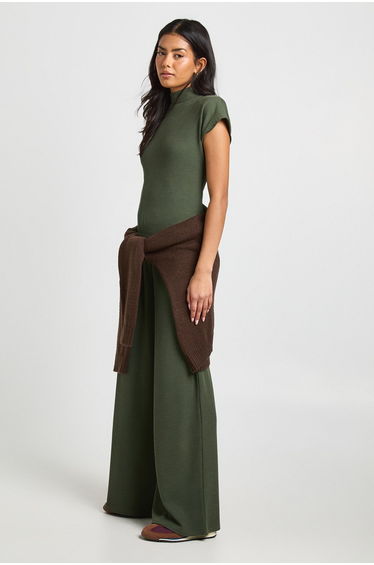 Crinkle Textured High Neck Cap Sleeve Trouser Co ord - khaki