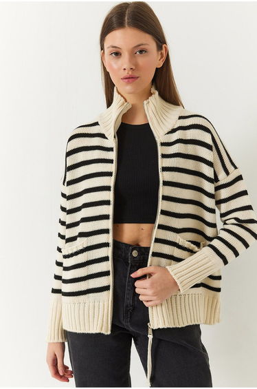 LUCCI Striped Knitwear Cardigan with Zipper Collar
