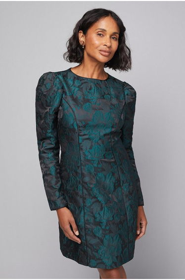 Floral Jacquard Puff Sleeve Shift Dress