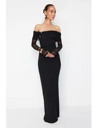 X Zeynep Tosun Black Knitted Long Evening Dress With Accessory Detail T