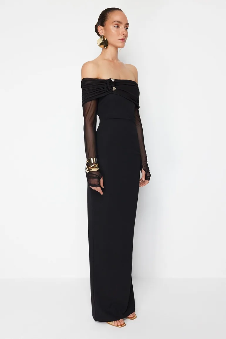 X Zeynep Tosun Black Knitted Long Evening Dress With Accessory Detail T - 2