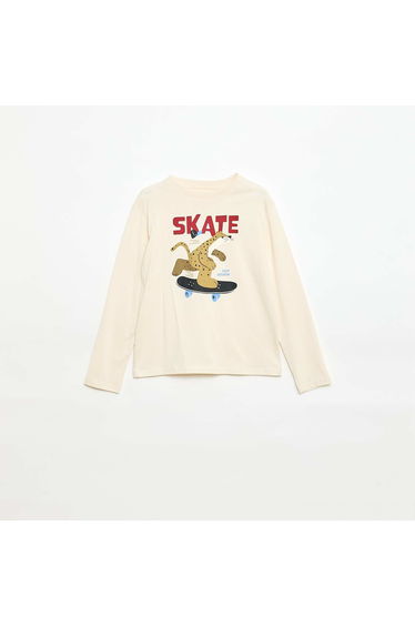 Printed long-sleeved T-shirt Beige