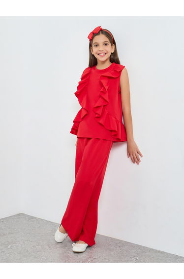 Teens Red Ruffle Blouse and Pants Set