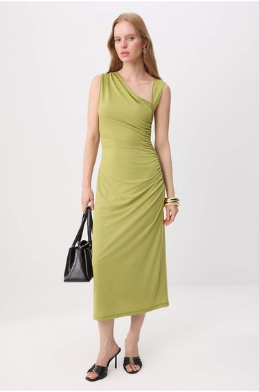 Oil Green Bodycon Asymmetrical Collar Sleeveless Shirred Maxi Stretchy Knitted Dress