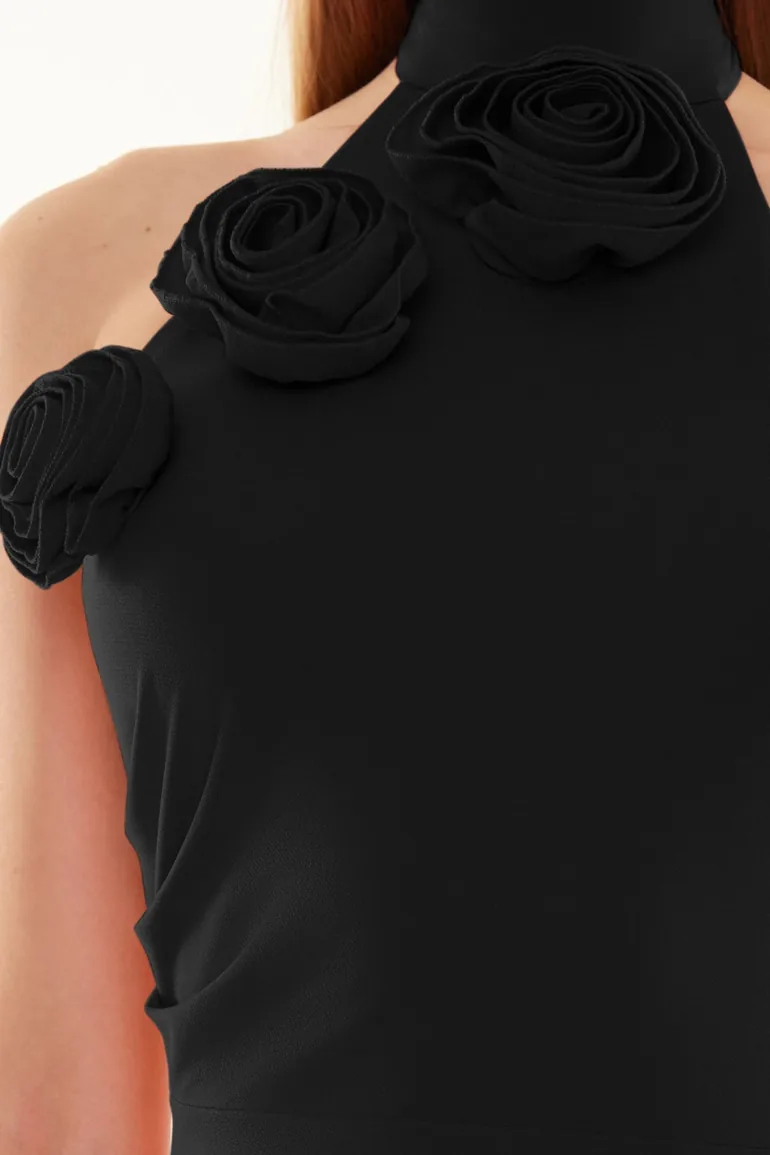 Black Rose Detailed Woven Long Elegant Evening Night Graduation Dress - 4