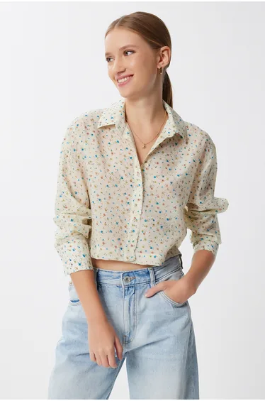 Women's Cream Blue Patterned Crop Viscose Shirt