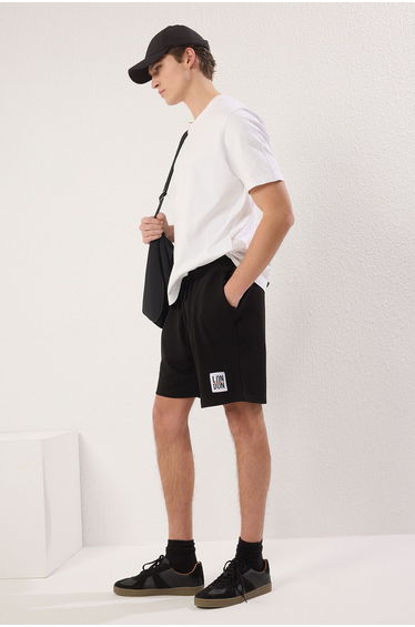 Black Regular Cut London Labeled Textured Pique Shorts & Bermudas