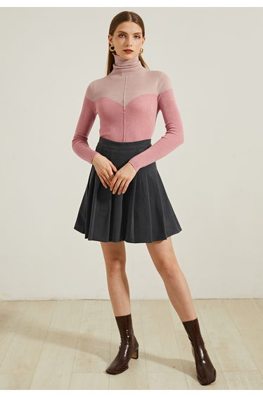 High Waist Wool-Blend Pleated Skater Skirt in Smoke
