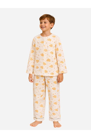 Boys 100% Cotton Muslin Pizza Print Top and Pyjama Set