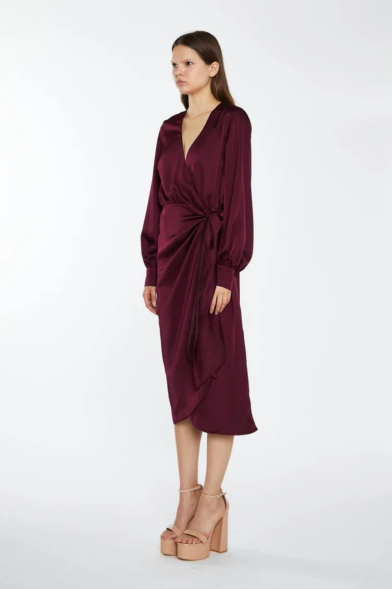 burgundy satin long sleeve dress Fitted Satin Long Sleeves Open Back Burgundy Evening Gown AC381 12 / Burgundy (Maroon)