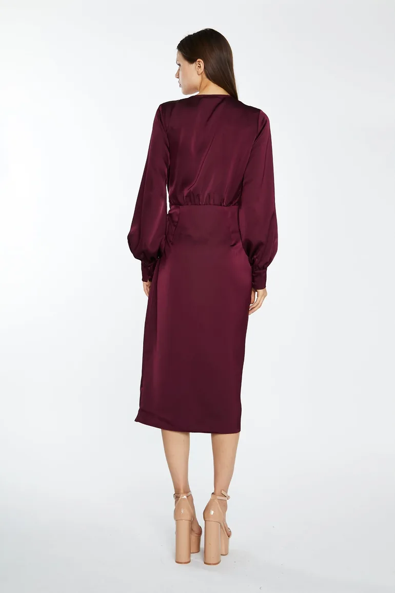 burgundy satin long sleeve wrap dress Women's Burgundy Satin Wrap Ruched Long Sleeve Mini Dress