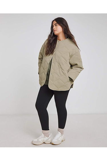 Khaki Quilted Round Collar Jacket