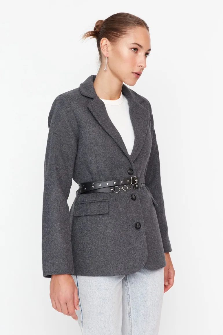 Gray Belted Regular Lined Woven Blazer Jacket - 7