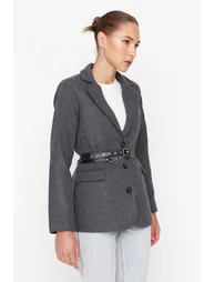 Gray Belted Regular Lined Woven Blazer Jacket - 7