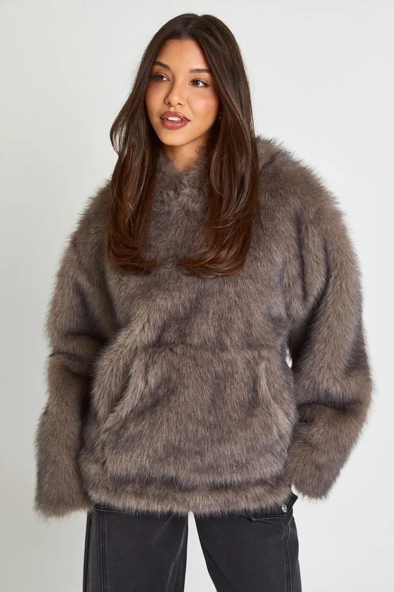Overhead Faux Fur Coat - brown - 1