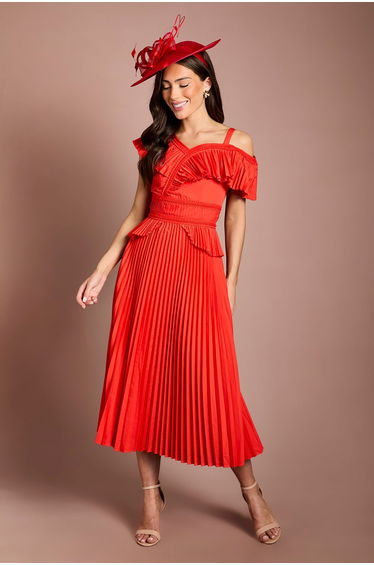 Cotton Ruffle Pleated Midi Dress