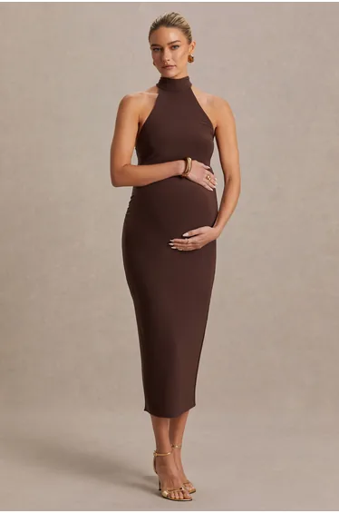 Mireille | Brown Halter-Neck Maternity Dress