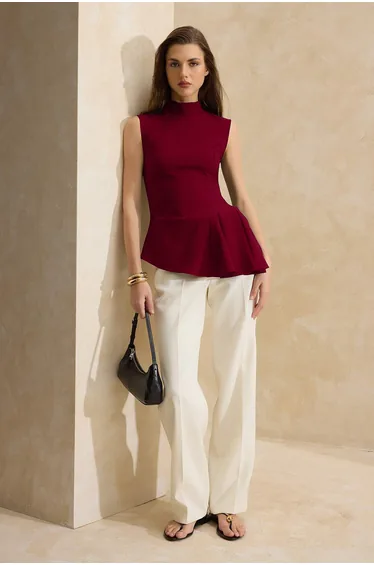 Burgundy Asymmetric Godeli Mock Neck Woven Blouse