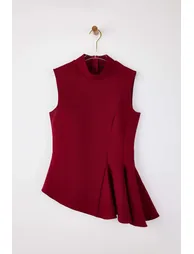 Burgundy Asymmetric Godeli Mock Neck Woven Blouse - 4
