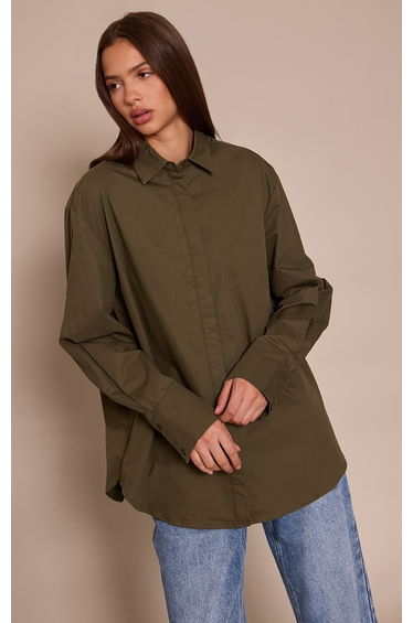 Dark Khaki Cotton Oversized Cuff Shirt
