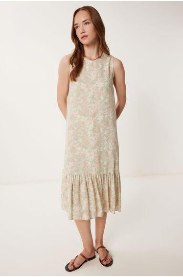 Women's Green Sleeveless Patterned Flounced Viscose Dress