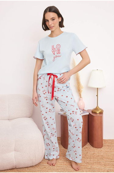 Light Blue 100% Cotton Printed 30/1 Openend Single Jersey Knitted Pajama Set