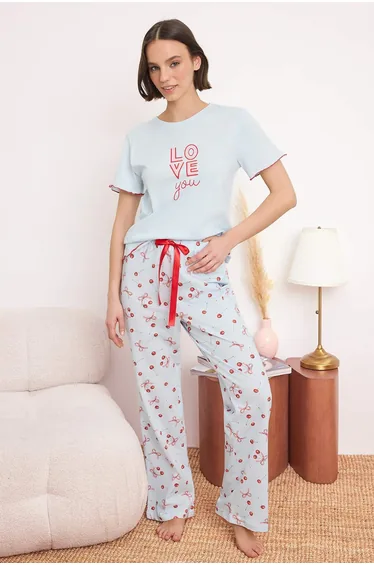 Light Blue 100% Cotton Printed 30/1 Openend Single Jersey Knitted Pajama Set