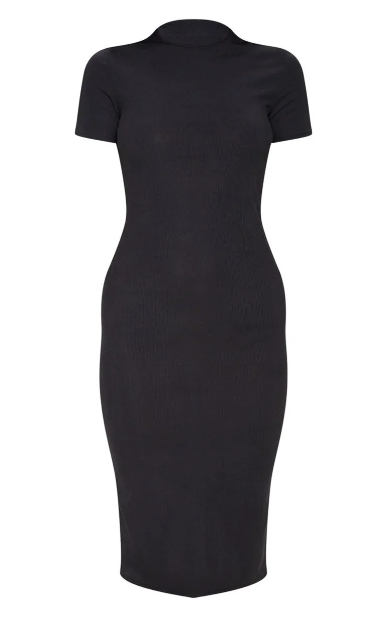 فستان ميدي مضلع بياقة دائرية - أسود - 2