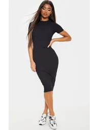 فستان ميدي مضلع بياقة دائرية - أسود