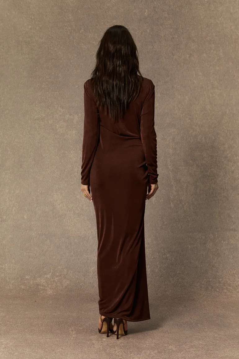 Effortlessly Stunning Brown Asymmetric Ruched Maxi Dress Sunfere Brown :  Evening Dresses : VogaCloset Iraq
