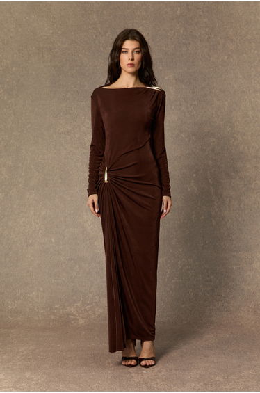 Effortlessly Stunning Brown Asymmetric Ruched Maxi Dress