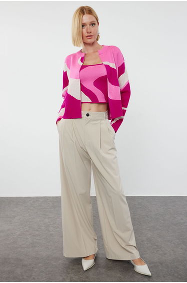 Pink Patterned Blouse-Cardigan Knitwear Cardigan