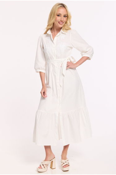 White Embroidered Tie Waist Midi Dress