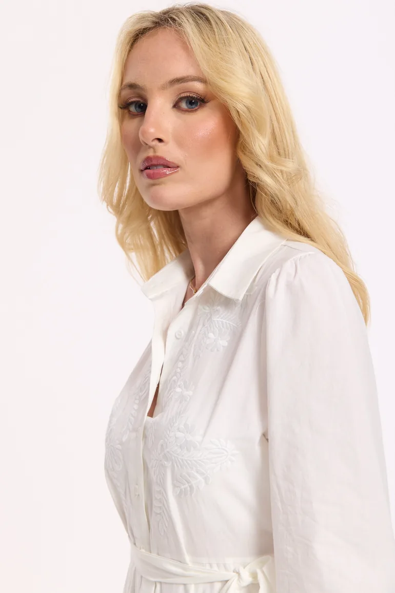White Embroidered Tie Waist Midi Dress - 5