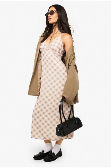 Lace Trim Check Chiffon Slip Dress - mushroom